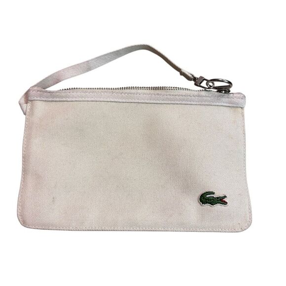 Lacoste Wristlet White Canvas Crocodile Make-Up Bag Clutch Zipper Mini 6”x9-1/4” - Picture 1 of 9